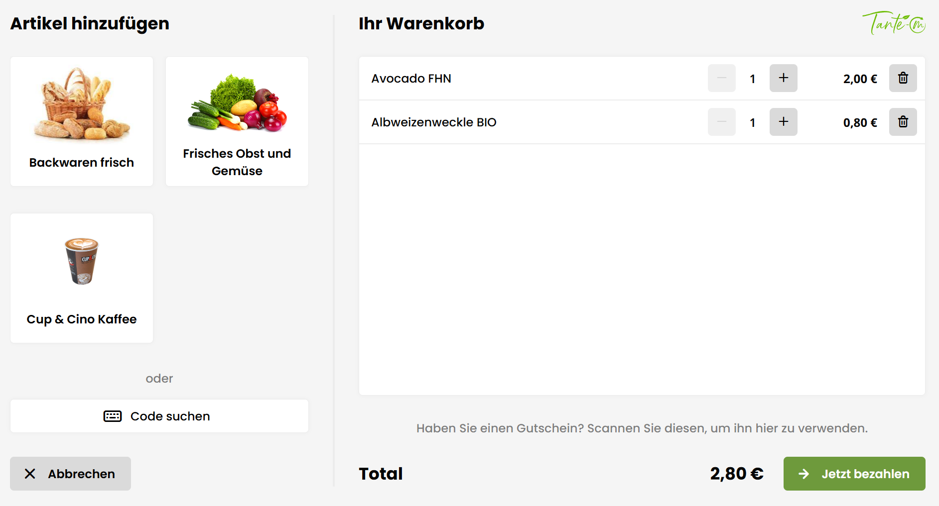 Touchoptimierter Warenkorb der integrierten aplixERP Kasse