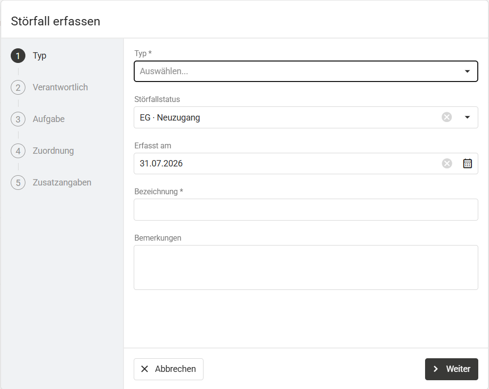 Geführter Assistent zur Erfassung eines Störfalls in aplixERP